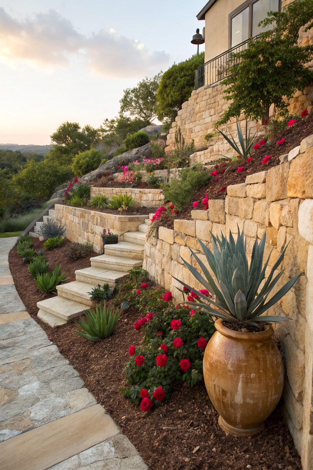 Terraced limestone retaining walls on a hillside with large blue agave plants, clusters of red roses, stone steps, and a path leading to a beige house under a partly cloudy sky.
