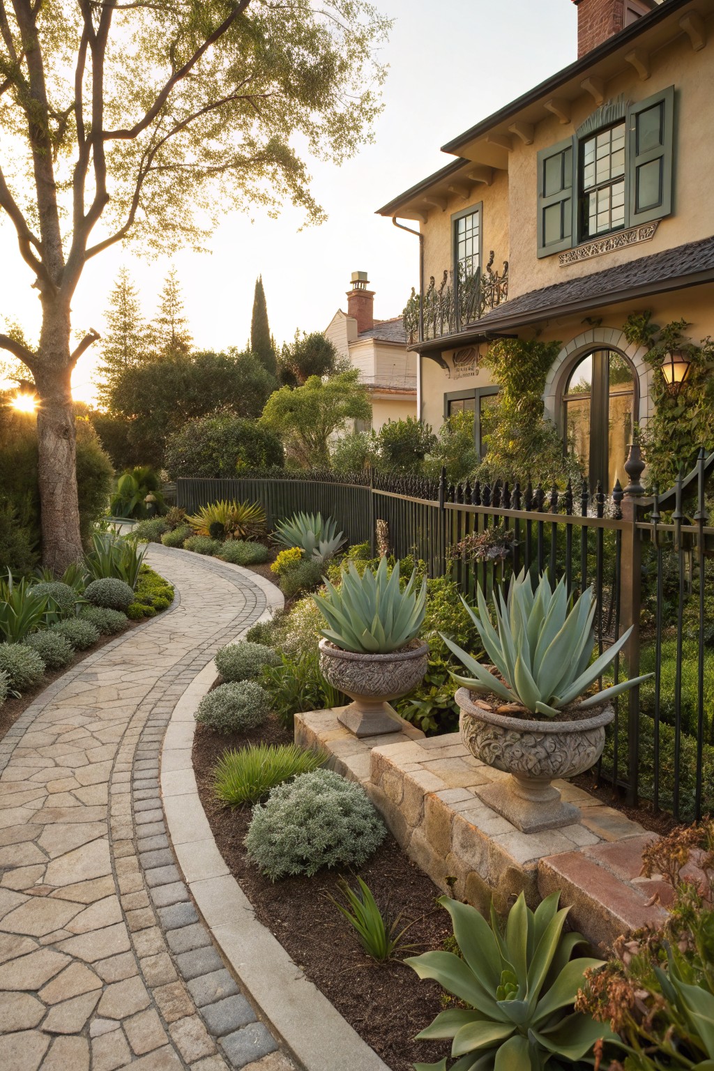 A curving gray stone pathway winds through a landscaped garden edged with large agave plants in terracotta pots and in ground, succulents, low shrubs, and a black wrought-iron fence, approaching a beige house with arched entry and green shutters at sunset.