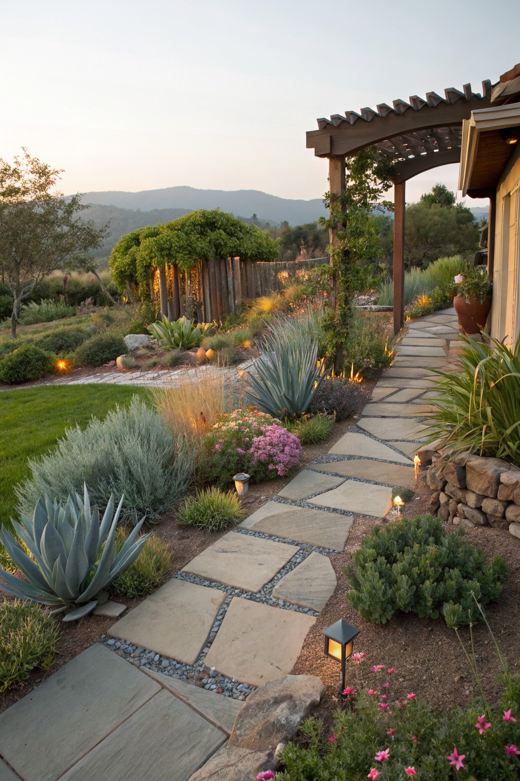 Winding irregular flagstone pathway through a landscaped garden with agave plants, ornamental grasses, succulents, pink flowers, and low-voltage path lights leading toward a pergola-covered house entrance against a mountainous backdrop.
