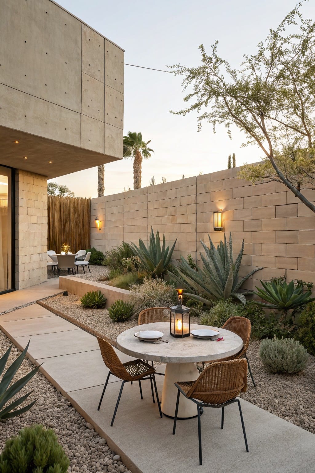 Modern outdoor concrete pathway bordered by gravel mulch beds with clustered agave plants and other succulents, leading to a round stone table with rattan chairs and a lit lantern, adjacent to beige stone house walls and fencing in a desert setting.