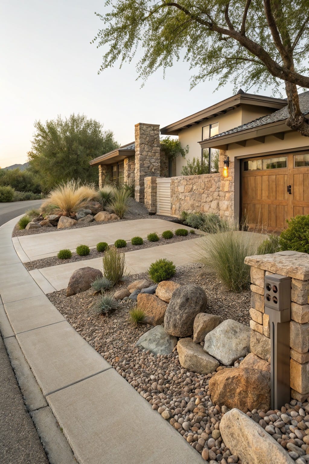 Wide-angle view of a low-profile desert home with stone chimney and garage, concrete driveway edged by beds of assorted large boulders, gravel mulch, sparse grasses, and stone pillar.