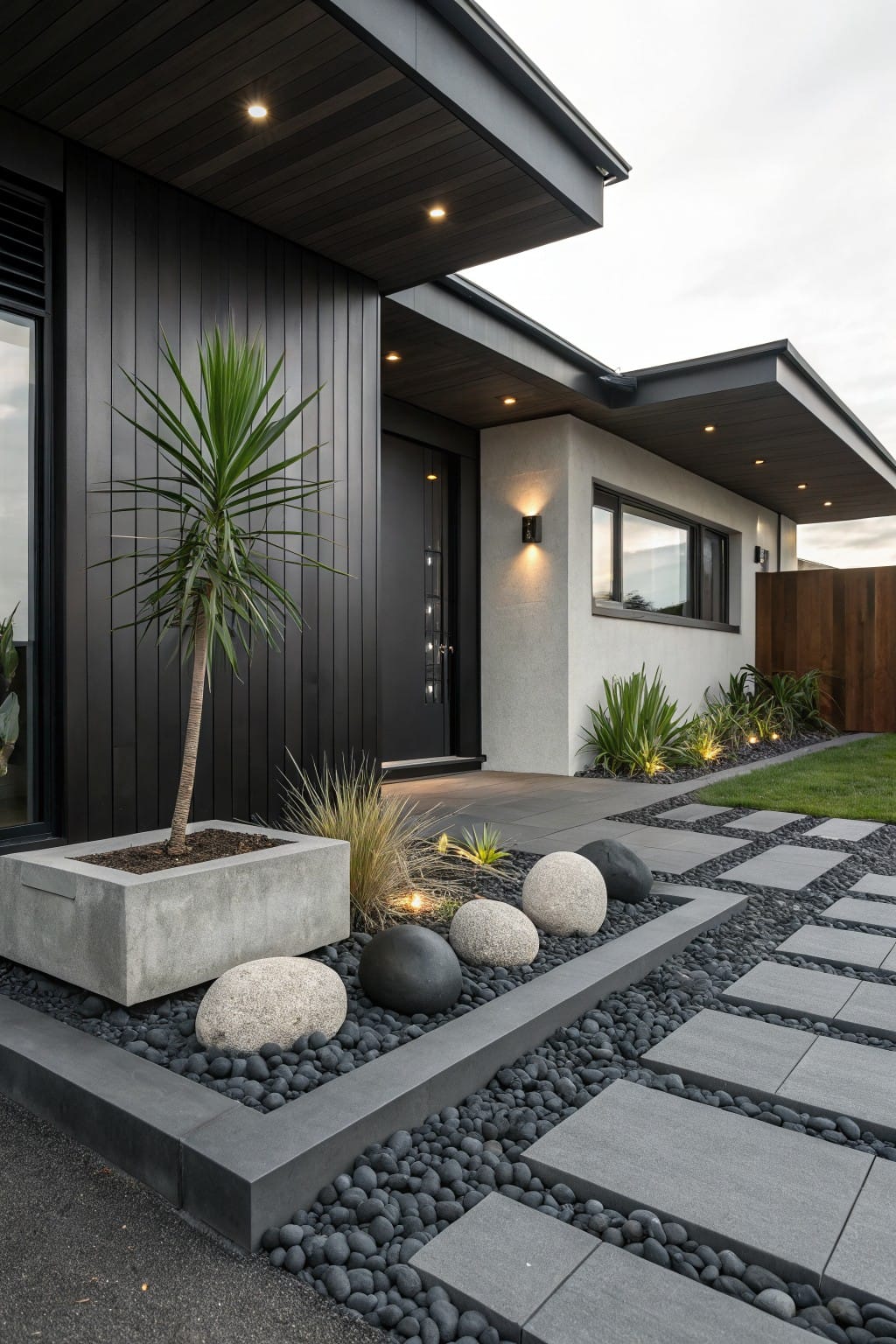Modern black-clad house entrance with concrete paver pathway edged in black pebbles, raised concrete bed filled with large white and black boulders, grasses, and a potted palm tree.
