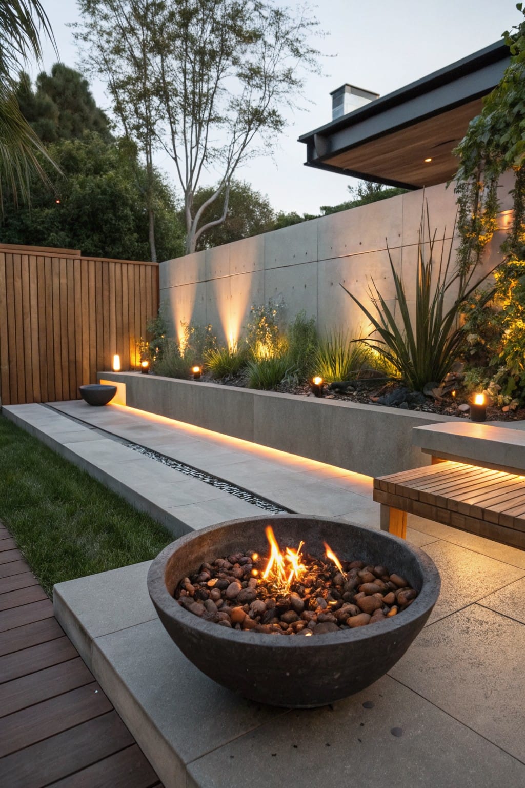 Modern backyard with tall concrete retaining wall topped by gravel-mulched planting beds containing grasses and agave plants, LED strip lighting along a concrete pathway leading to a raised wooden bench and black stone fire pit on a concrete platform, wooden fence, and uplights.