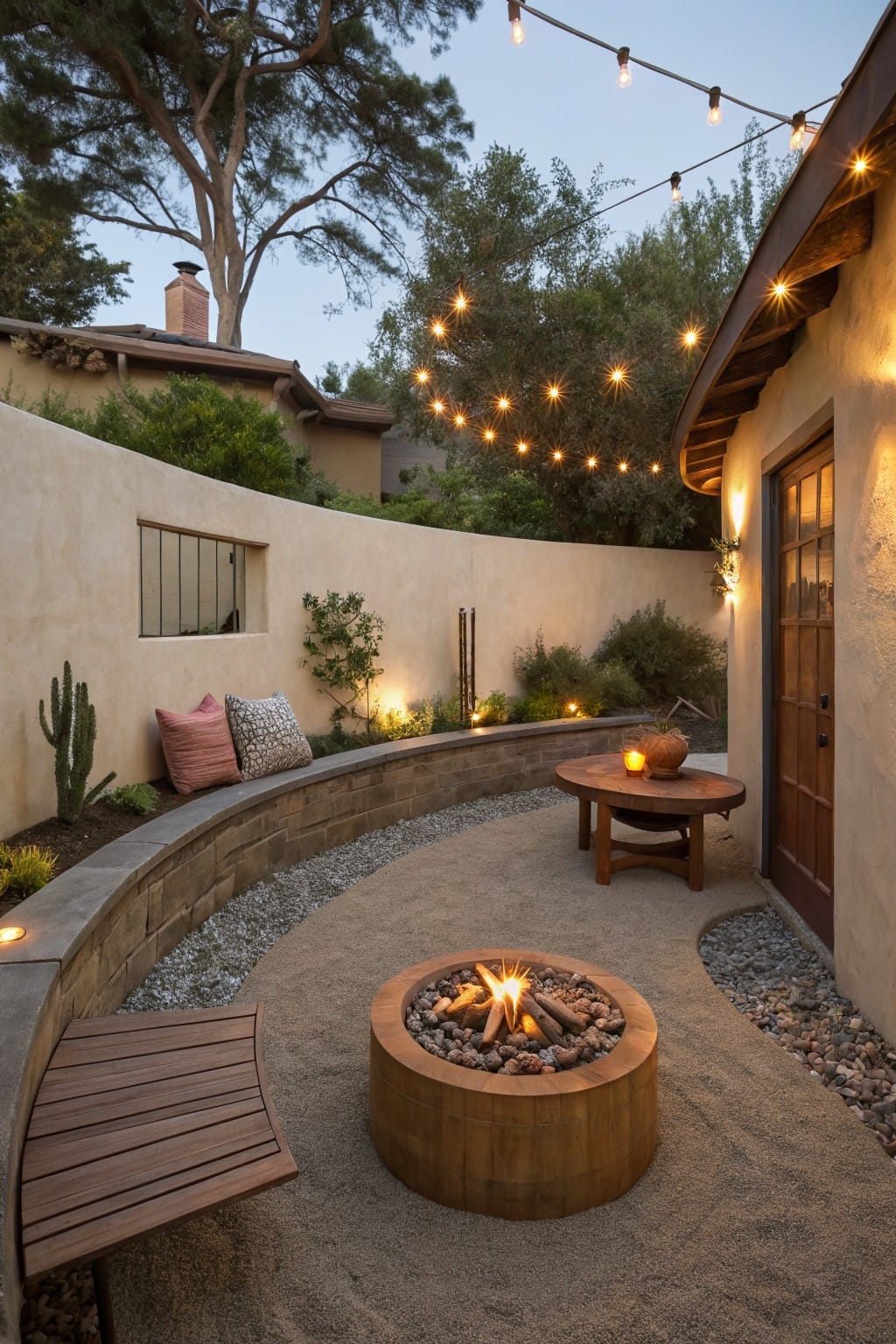 Curved beige stucco wall with built-in bench and stone edging surrounds a gravel patio featuring a central wooden fire pit filled with rocks and logs, a small wooden table with candle and pumpkin, string lights overhead, potted cactus, and shrubs nearby.