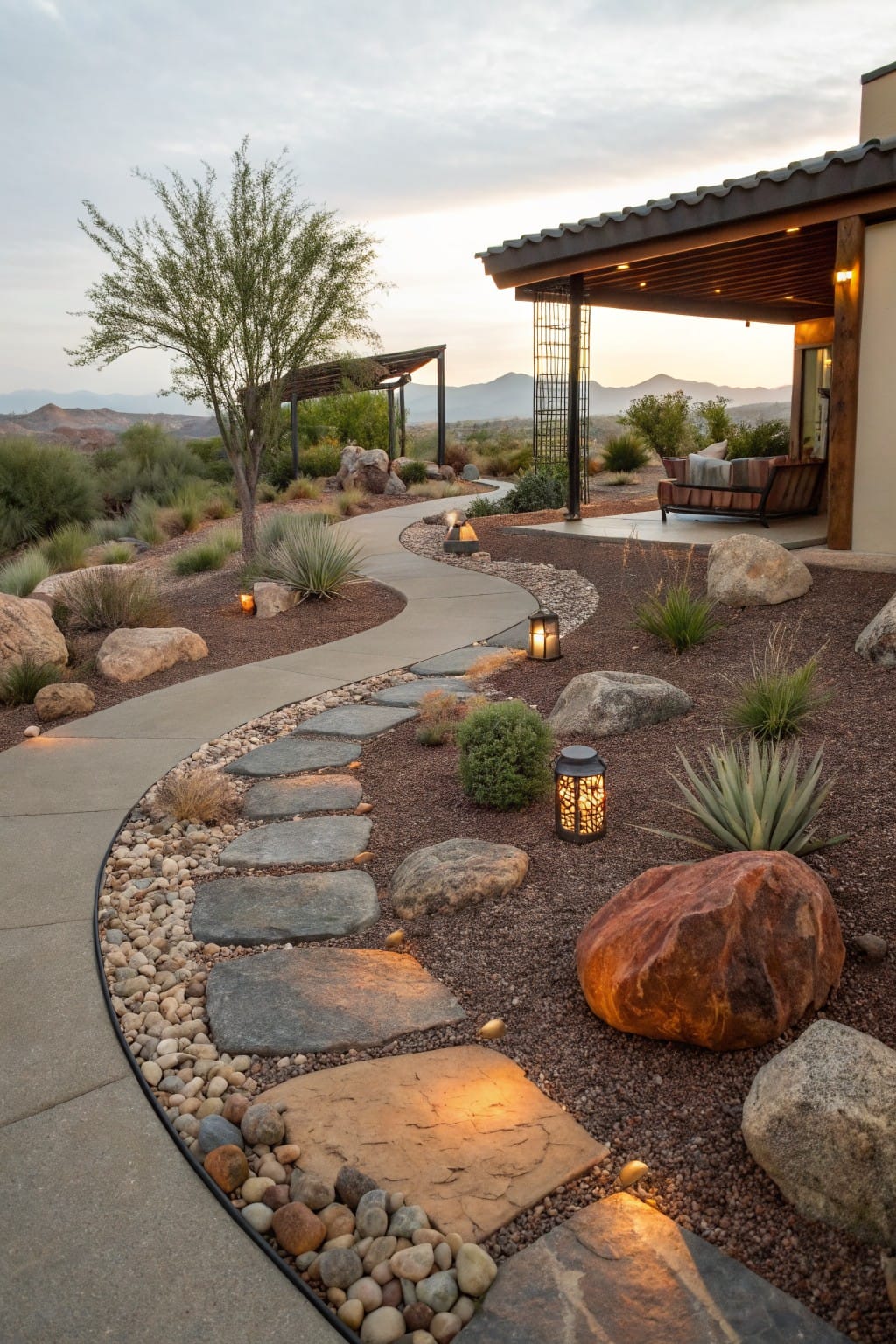 Winding concrete pathway edged with gravel, flagstone steps, boulders, desert plants, and lanterns leading toward a home's covered patio in a rocky landscape at dusk.