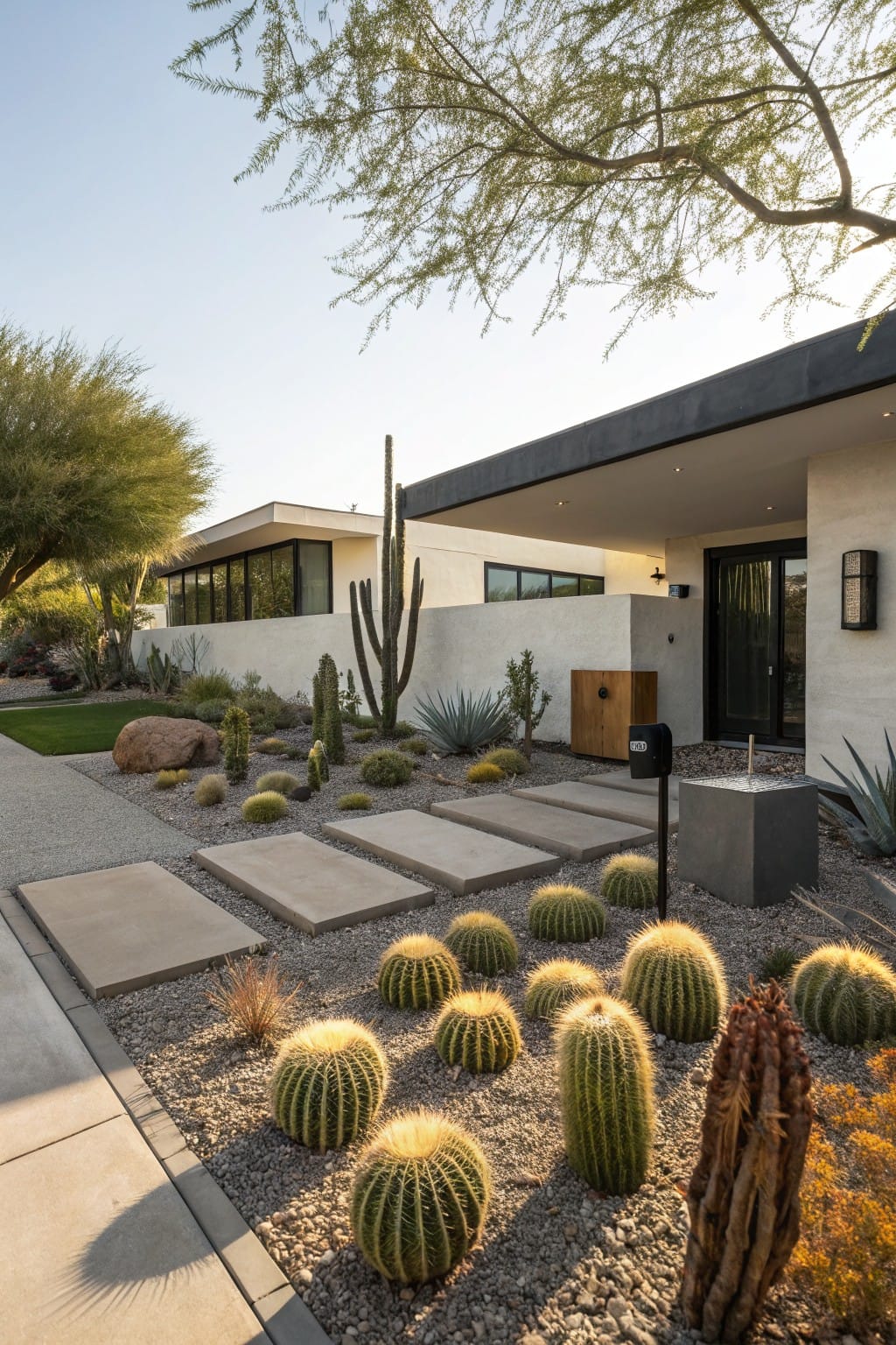 Modern white stucco house with flat roof and glass entry door, fronted by gravel yard planted with clustered golden barrel cacti, saguaros, agaves, rocks, and concrete paver steps.