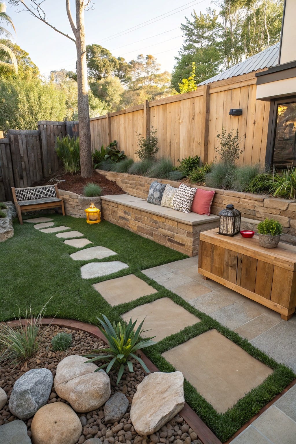 Backyard with curved rock garden bed containing large boulders, gravel, agave plants, and edging grass strips, plus stepping stone path through lawn, stone retaining wall with bench, and wooden side table.