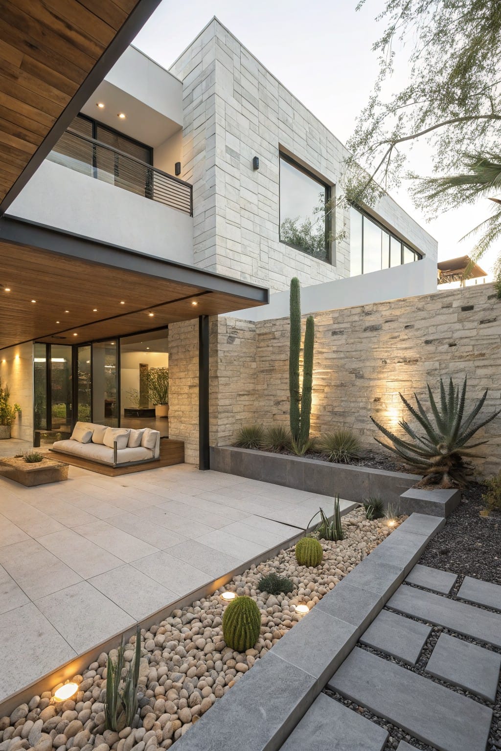 Modern covered patio outside a stone and stucco house with low outdoor sofa, gravel planting beds containing cacti and agaves along the edge, and a pathway of large gray stone slabs.