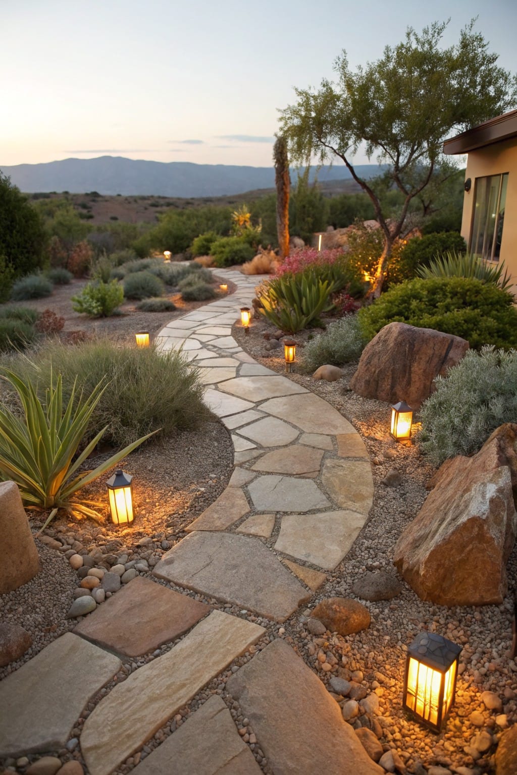 Winding flagstone path lit by metal lanterns curves through gravel ground cover, boulders, agave plants, and desert shrubs toward a house in evening light.