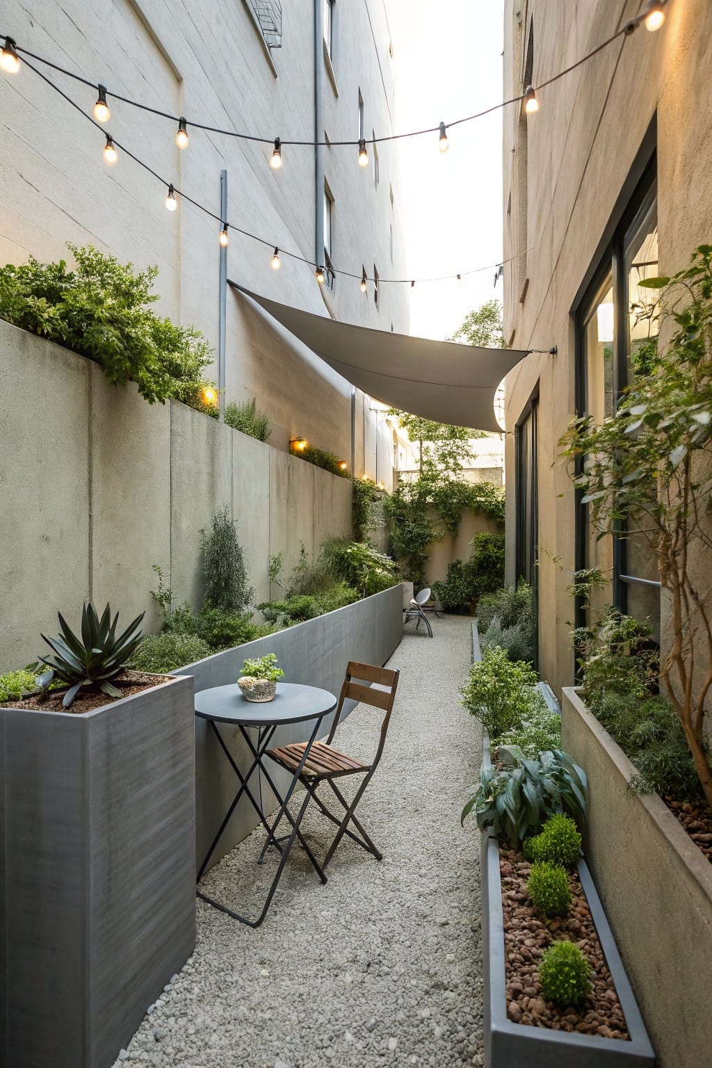 Narrow outdoor courtyard between tall concrete walls, featuring a central gravel path flanked by linear raised concrete planters filled with succulents, shrubs, and grasses, a small round metal table with two wooden chairs, overhead string lights, and a gray shade sail.