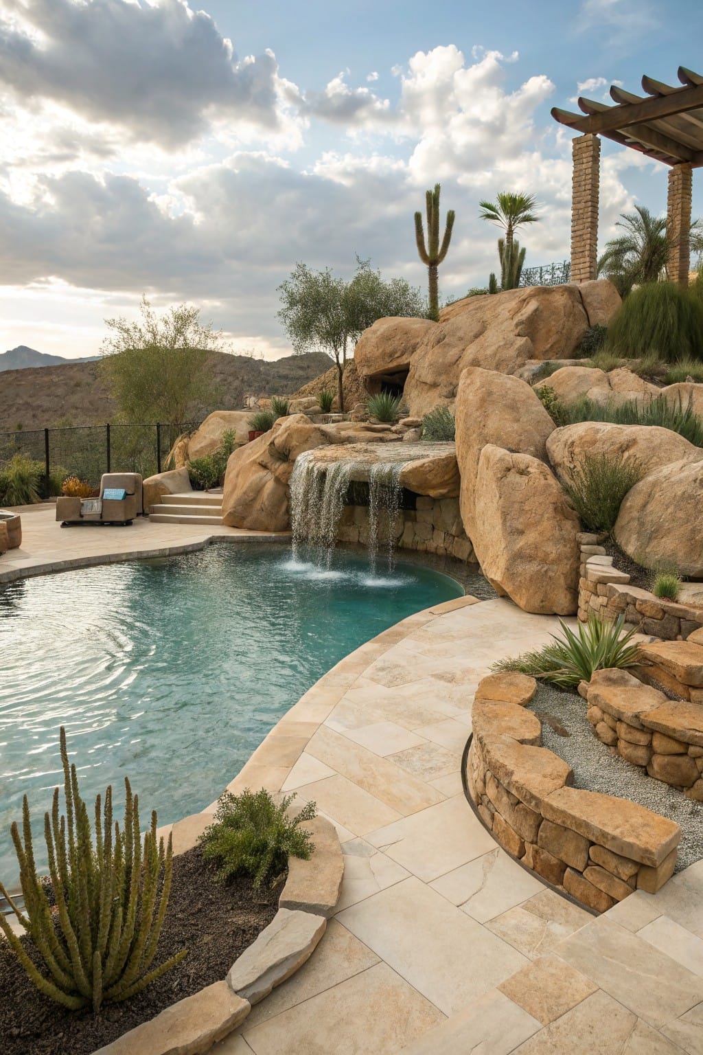 Turquoise pool with waterfall cascading from stacked orange boulders in desert landscape, featuring lounge chair, fire pit area, stone steps, and native plants.