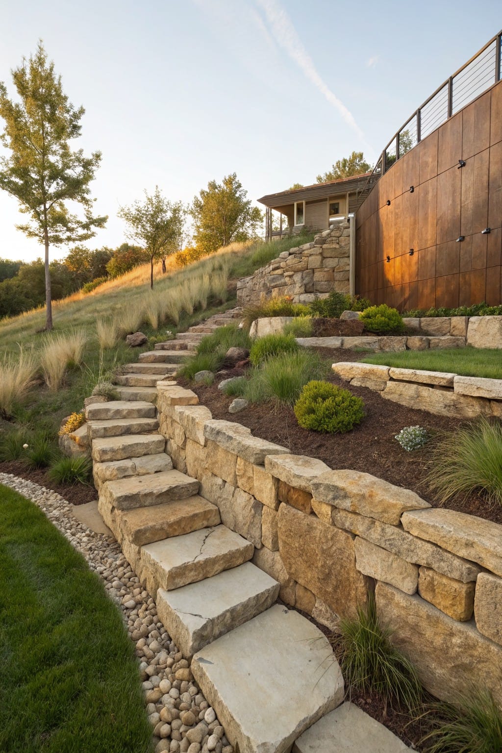 Sloped yard with dry-stacked natural stone retaining walls forming terraced levels, wide irregular stone steps ascending amid ornamental grasses and shrubs, leading toward a modern house with wood cladding.