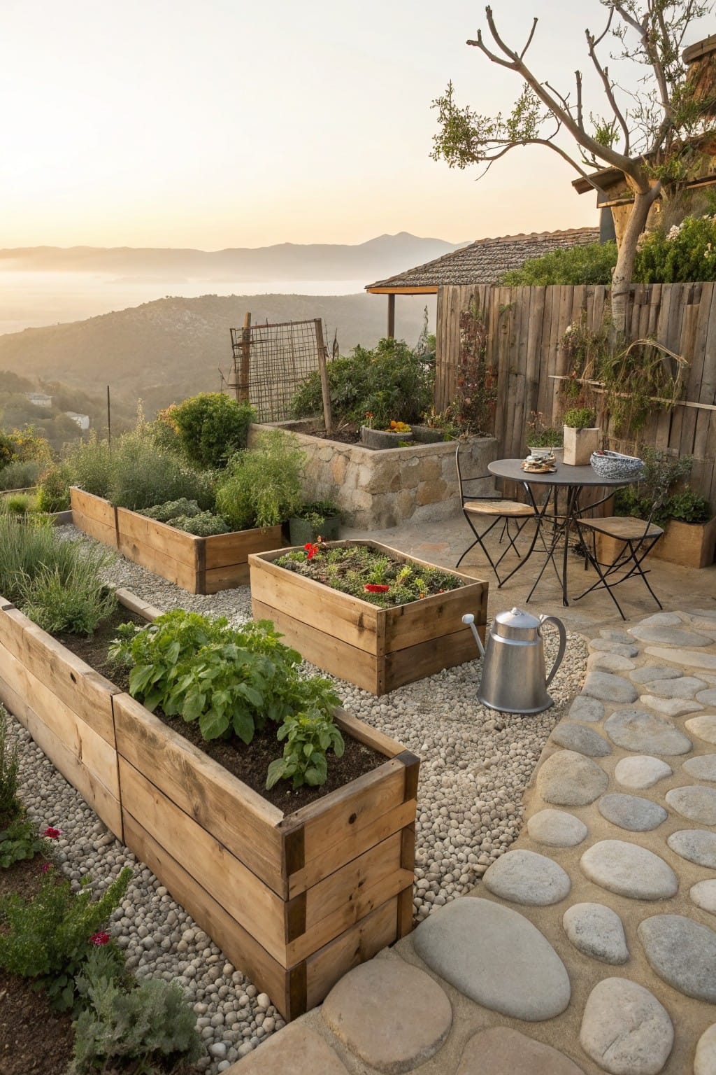 Terraced garden with multiple wooden raised planters containing vegetables and herbs, surrounded by white gravel mulch and a curving pebble stone path, a small bistro table with chairs, metal watering can, and distant hills at sunset.