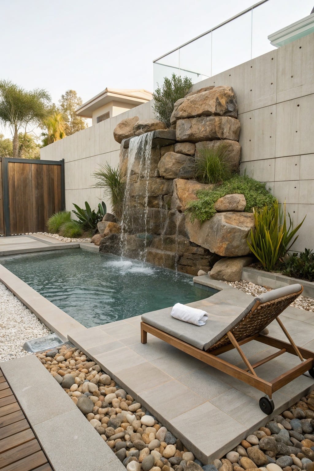 Small rectangular turquoise pool with water falling from stacked natural boulders on a light gray concrete wall, surrounded by low plants, pebbles, and a woven lounge chair with towel on adjacent tiled deck.