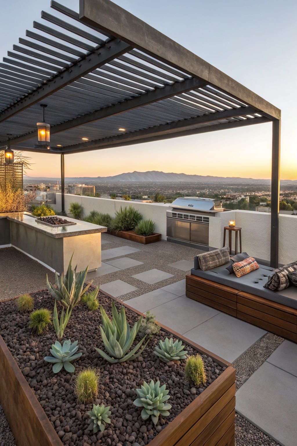 Rooftop terrace with wooden raised planters filled with succulents and dark rock mulch, stainless steel outdoor kitchen counter with fire pit, built-in wooden bench seating, paver flooring, metal pergola overhead, and sunset view of mountains and city.