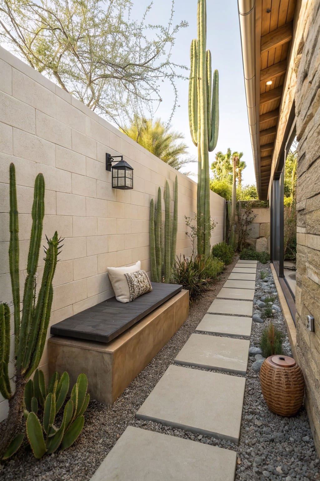 Narrow desert pathway lined with tall cacti and low plants, featuring large square concrete stepping stones set in gray gravel, a built-in stucco bench with black seat and white pillow, beige brick wall on one side and stone house wall on the other.