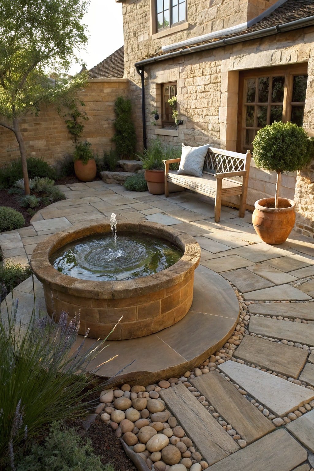 Circular raised sandstone fountain centered in a stone-paved courtyard garden with curved paths edged in pebbles, potted plants, grasses, lavender, a wooden bench, and surrounding stone walls.