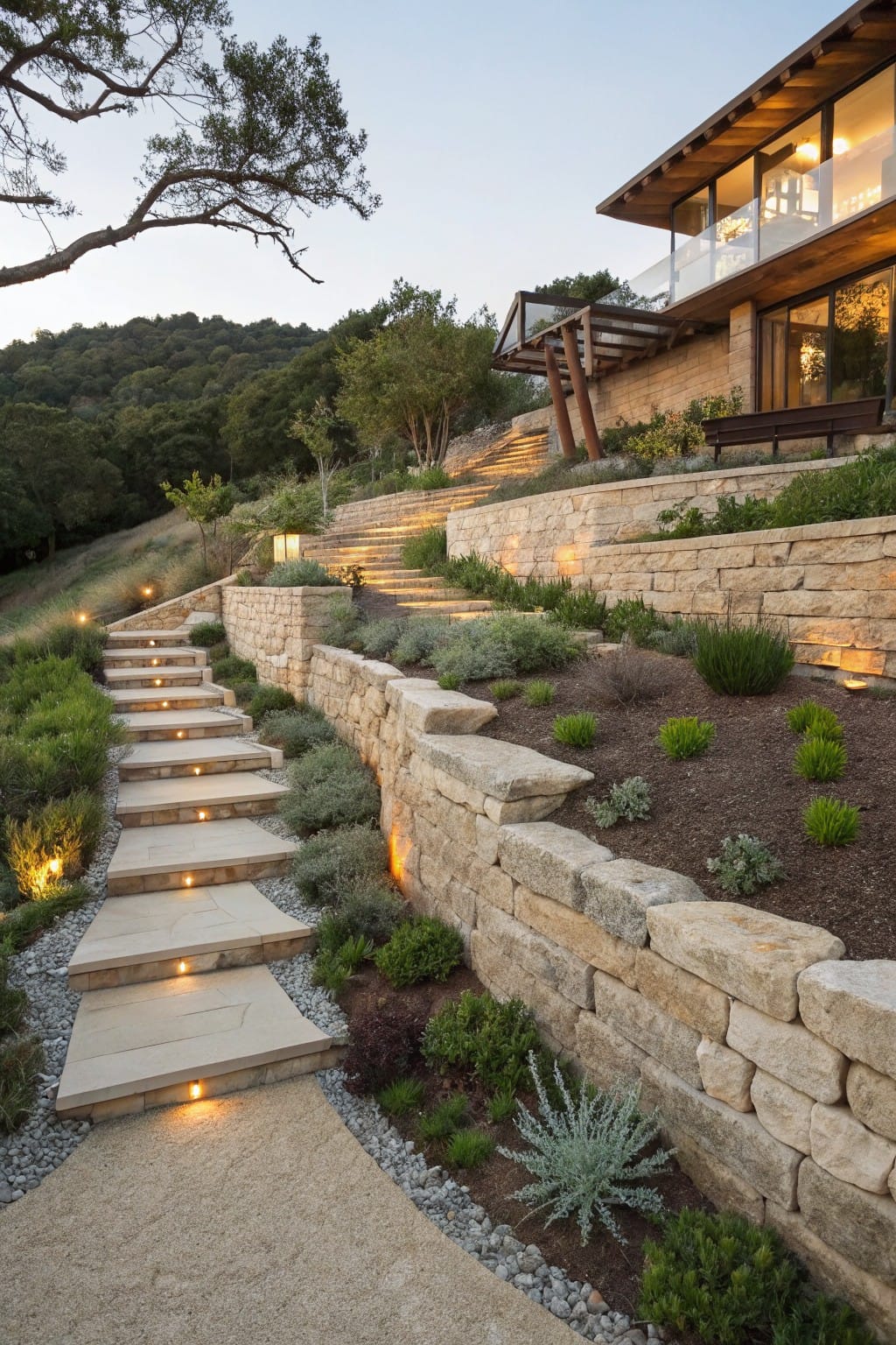 Stone retaining walls terracing a hillside with integrated wide steps, drought-tolerant plants in planting pockets, gravel paths, and path lighting leading to a modern house at dusk.