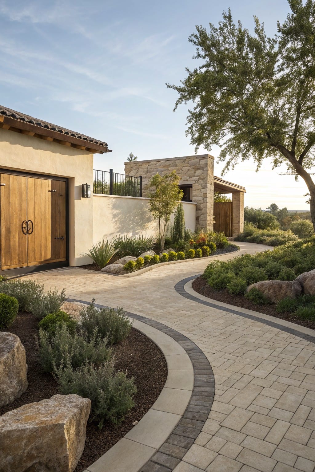 Curving beige paver pathway with dark edging winds through landscaped desert yard featuring large rocks, low shrubs, agave plants, and boulders beside a stucco house with wooden garage doors.
