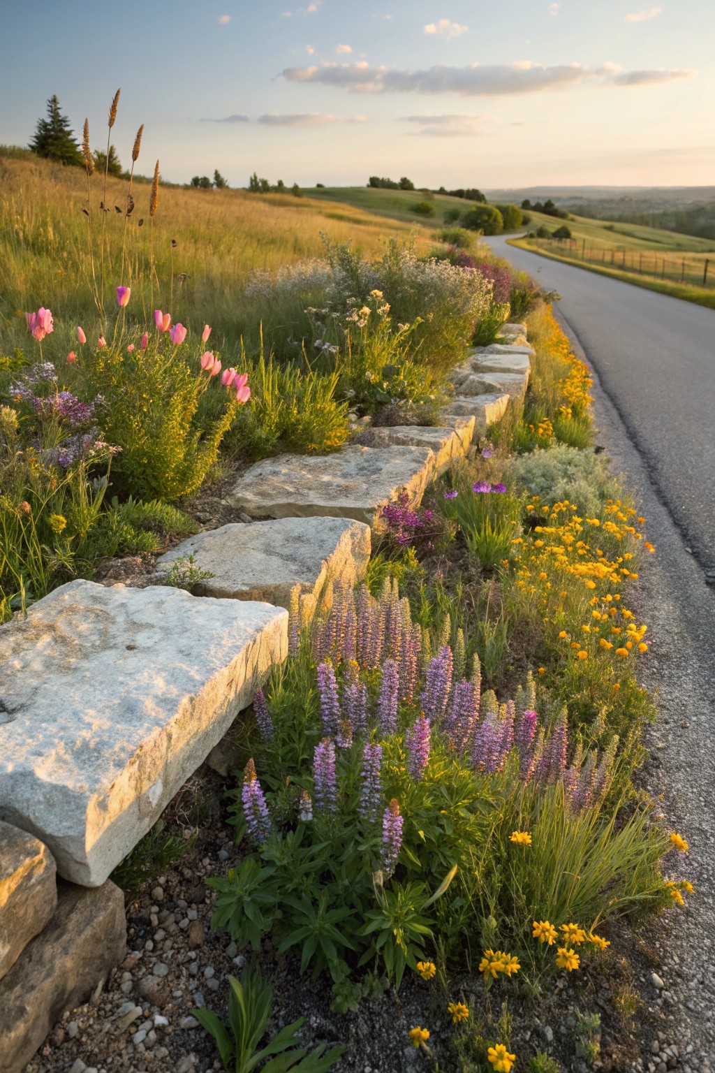Dry-stacked stone wall edges a flower bed with pink tulips, purple lupines, yellow coreopsis, white yarrow, and ornamental grasses along a paved rural road with rolling green hills and a blue sky in the background.