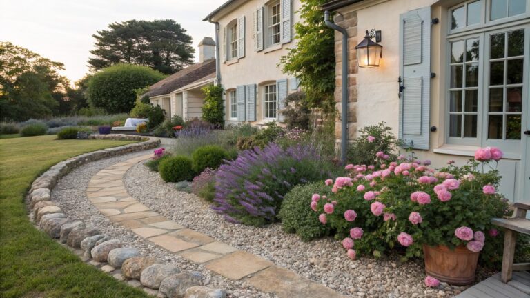 White cottage wall with climbing roses beside a gravel garden path edged in rounded stones, featuring pink rose bushes and purple lavender plants.