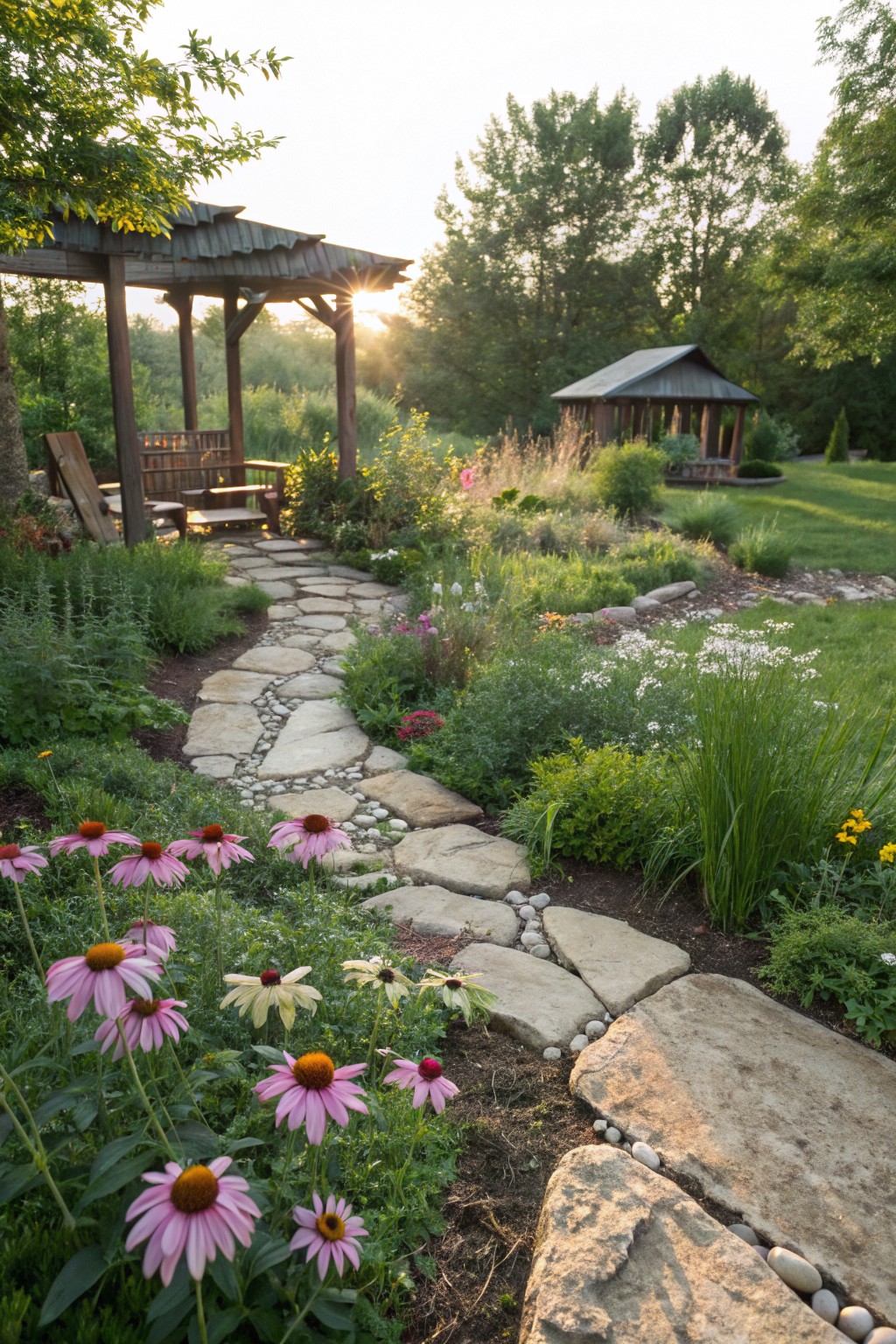 A winding path of irregular flagstone slabs with white pebbles in the gaps and along the edges runs through flower beds with pink coneflowers, green plants, and grasses, leading toward a wooden pergola and small gazebo in a wooded garden at sunset.