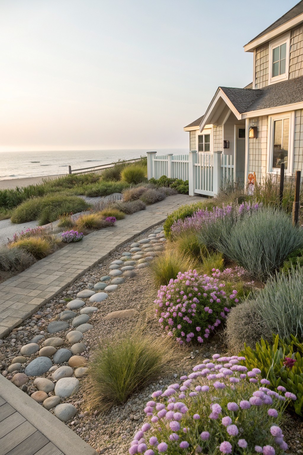 A winding beige paver pathway edged with gravel and rounded gray stones borders flower beds with pink clustered flowers, blue-green grasses, and shrubs, leading to a white shingled beach house overlooking the ocean.