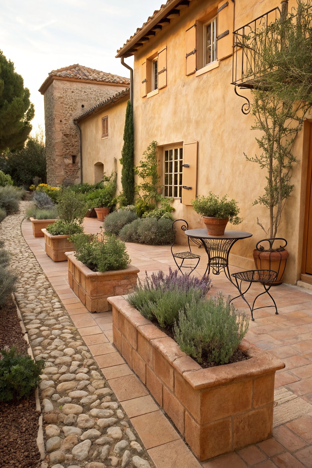 Pebble path bordered by rectangular terracotta planters filled with lavender and shrubs, leading to a tiled terrace with metal bistro table and chairs next to a beige stucco house wall.