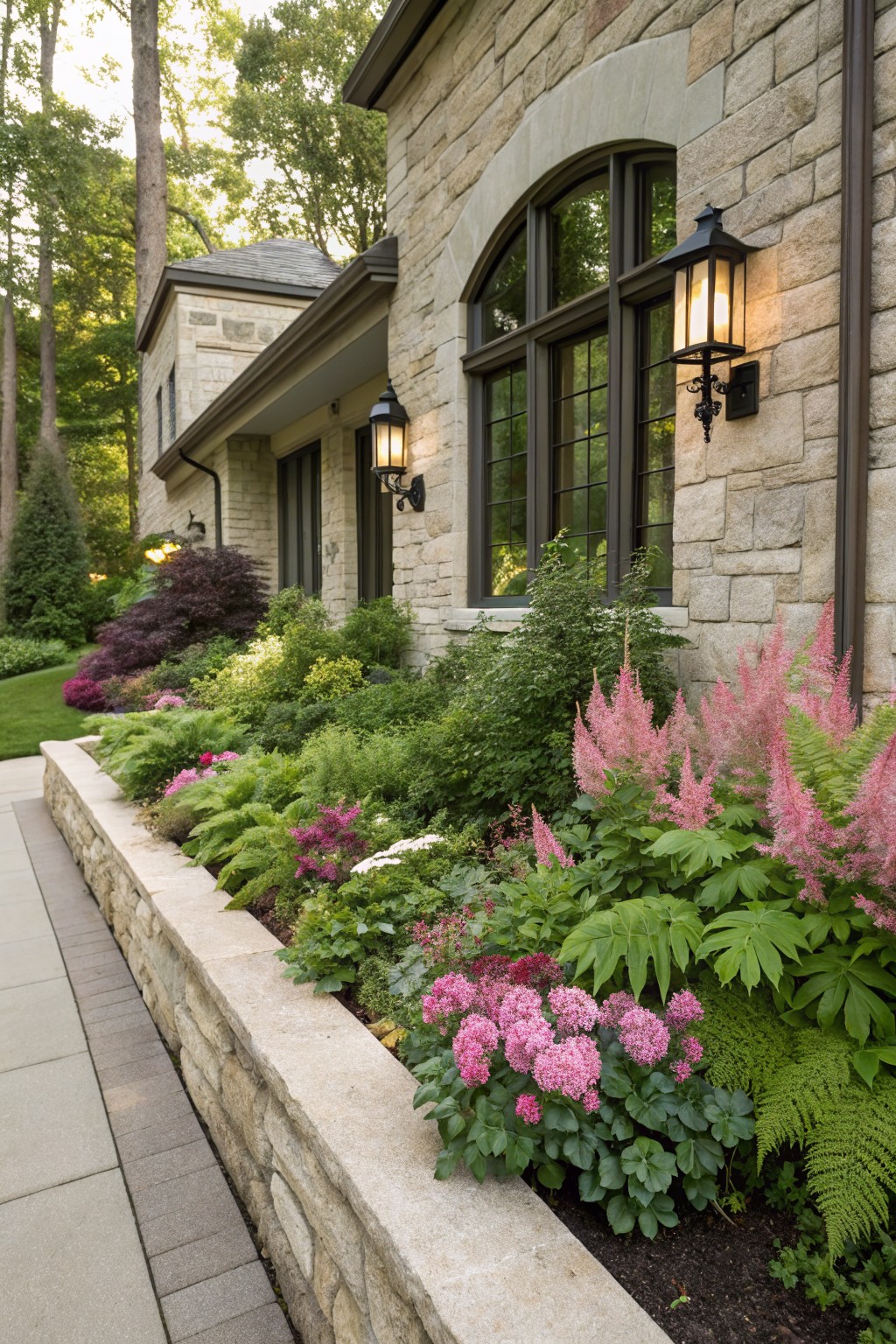 Low stone retaining wall edges a lush flower bed with pink astilbe plumes, ferns, hostas, and other perennials next to a stone house exterior and paved pathway.