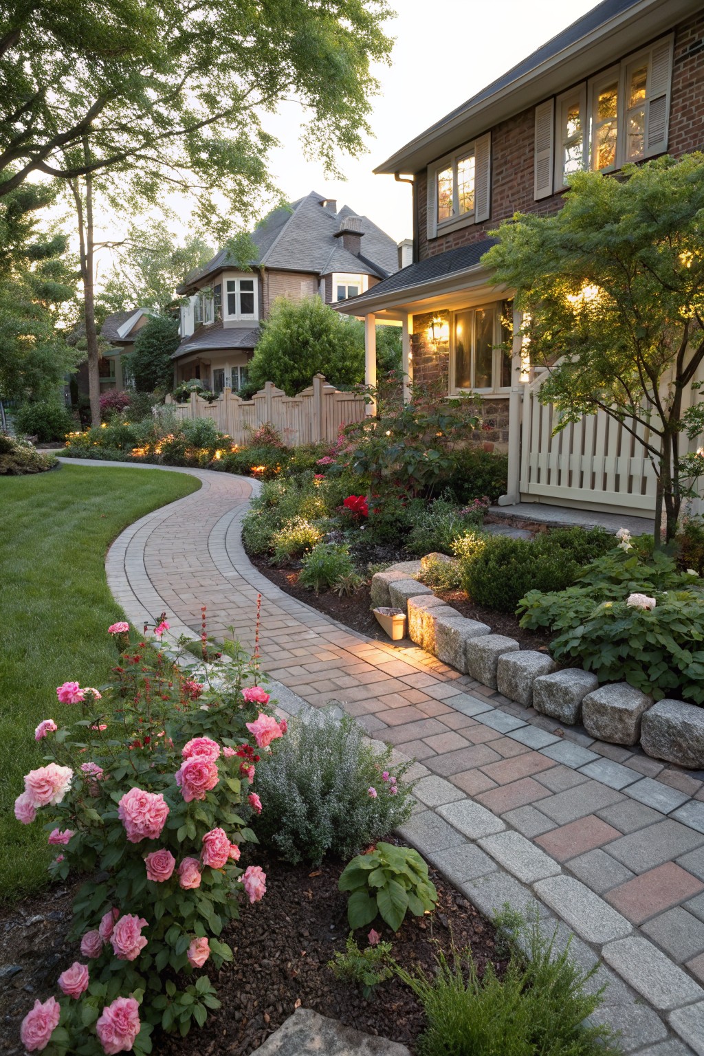 Winding brick paver path bordered by large irregular natural stones along flower beds with pink roses and green shrubs, leading to a white porch on a brick house with trees and gardens in the background.