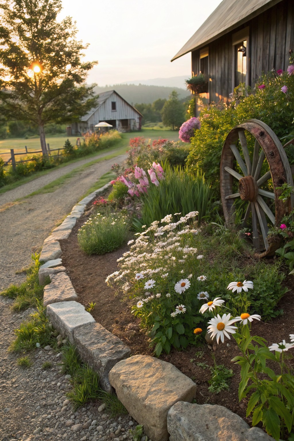 Gravel path bordered by dry-stacked irregular natural stones with a flower bed of white daisies, pink phlox, and green plants inside, old wooden wagon wheel leaning against the edging, wooden barn and trees in the background at sunset.
