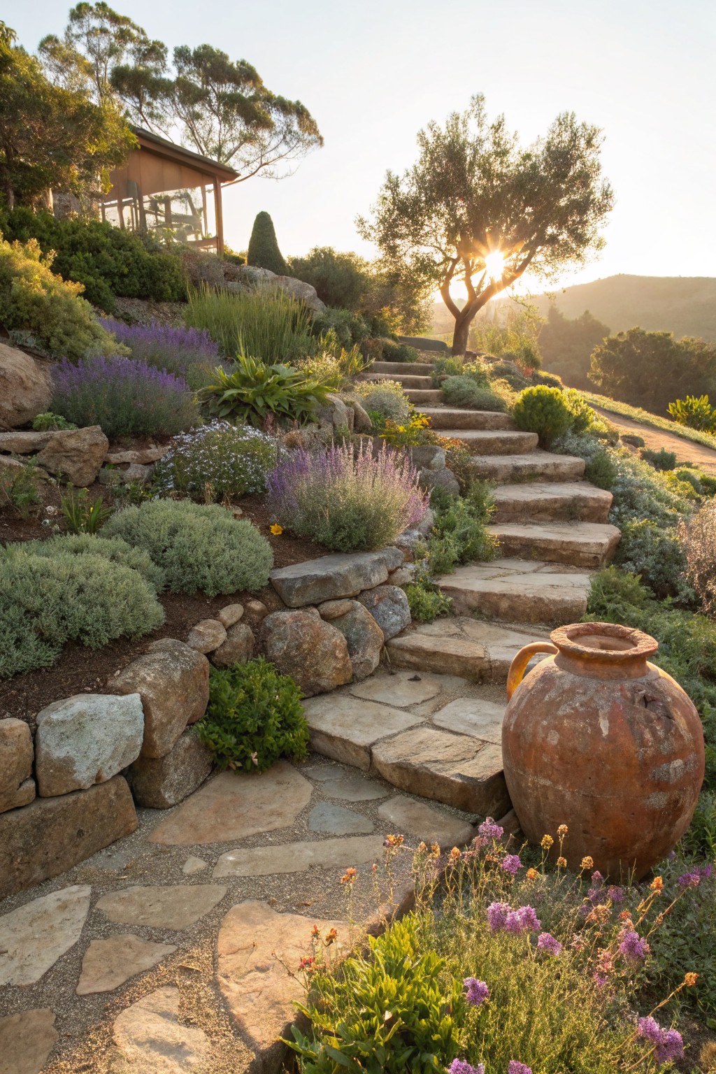 Winding stone steps and pathway edged by rock walls and flower beds planted with lavender, grasses, and shrubs on a terraced hillside garden, with a large terracotta pot beside the path.