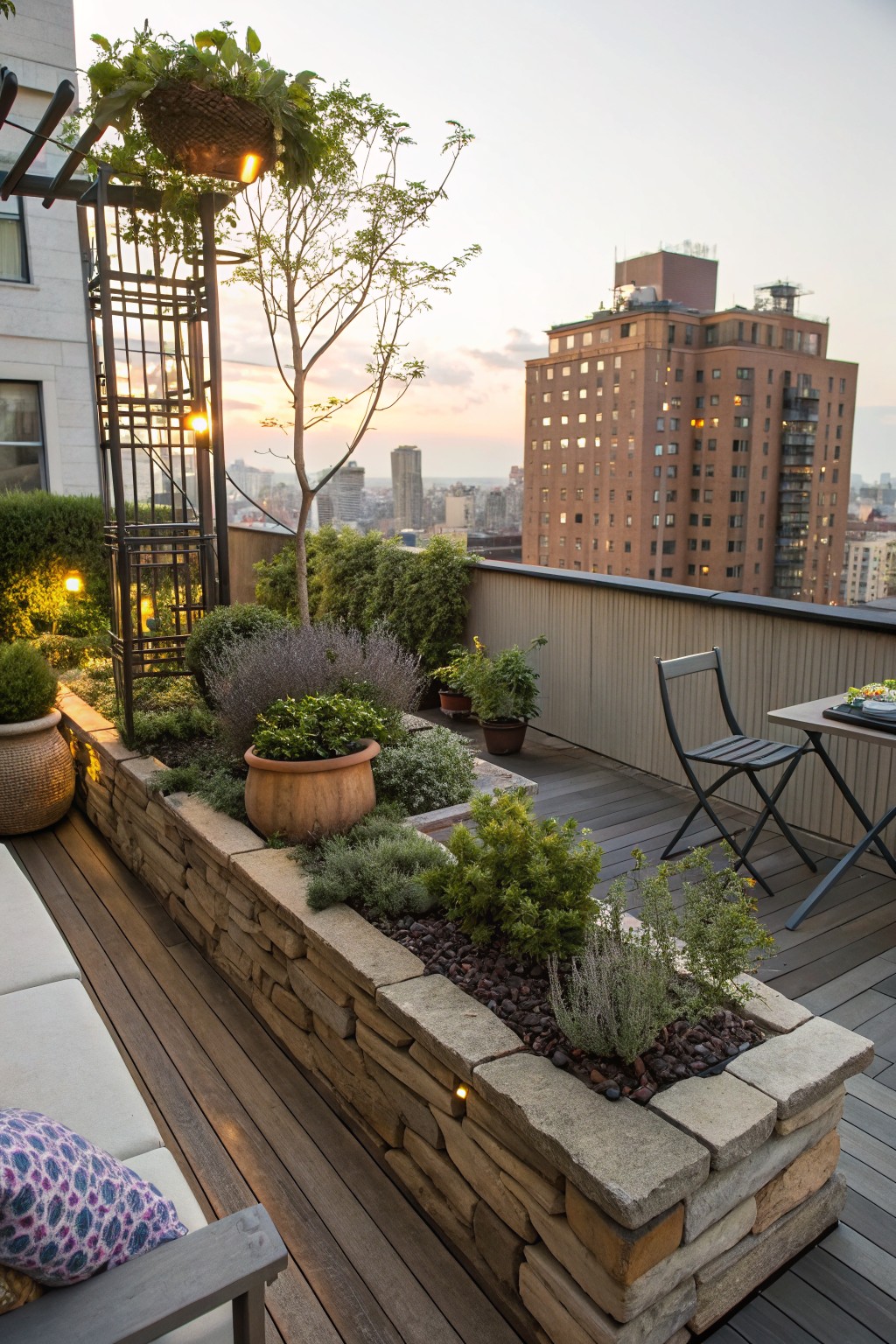 Rooftop terrace balcony with low natural stone walls edging planted beds, wooden decking, potted plants, folding chairs, small table, and city buildings in background at dusk.