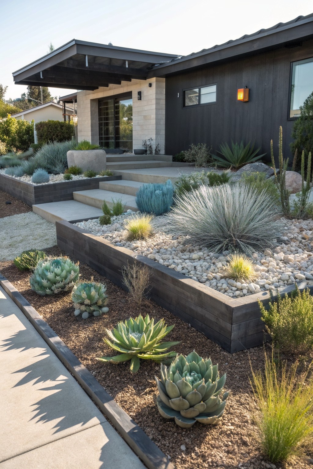 Modern house exterior with raised wooden beds containing succulents, agaves, and gravel mulch, edged with stones along a concrete walkway and steps.