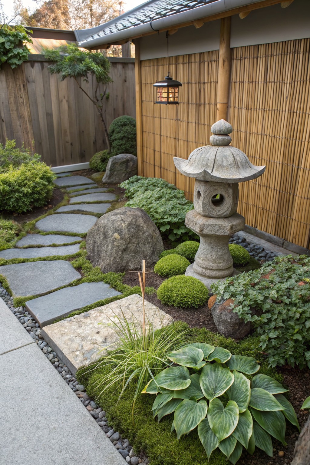 Japanese garden with stone pagoda lantern, irregular flat stone path through gravel, large boulders, moss, shrubs, and hosta plants beside bamboo fence and wooden structure.