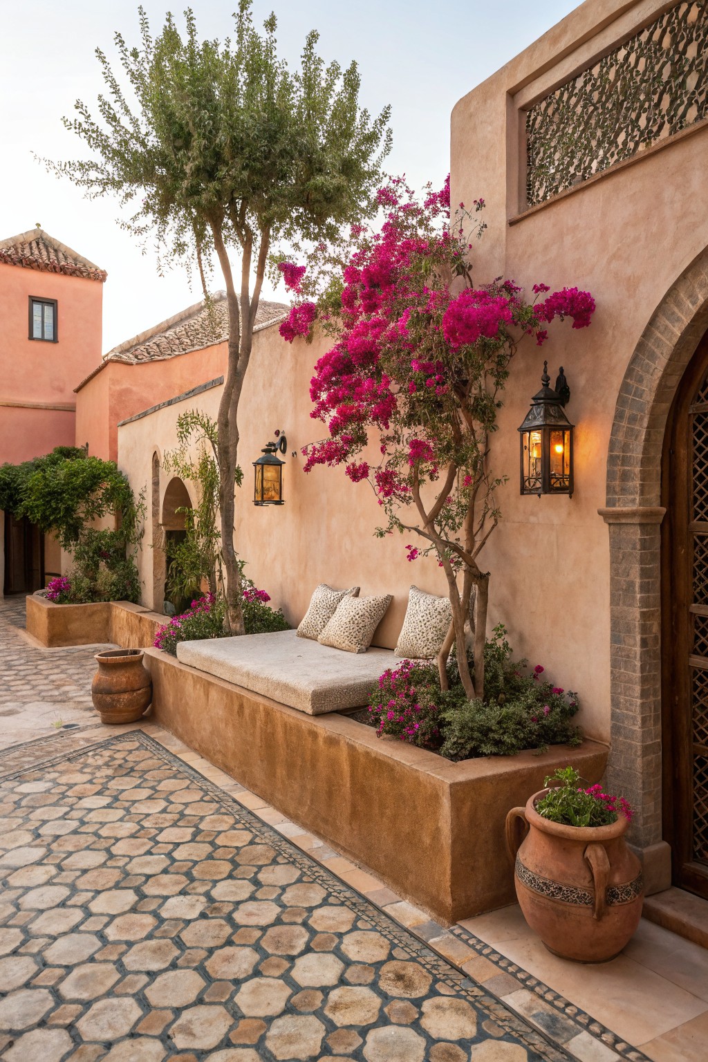 Beige stucco courtyard wall with raised stone-edged planter forming a cushioned bench seat, bougainvillea tree and flowers, arched wooden door, lanterns, terracotta pots, and hexagonal tiled pathway.
