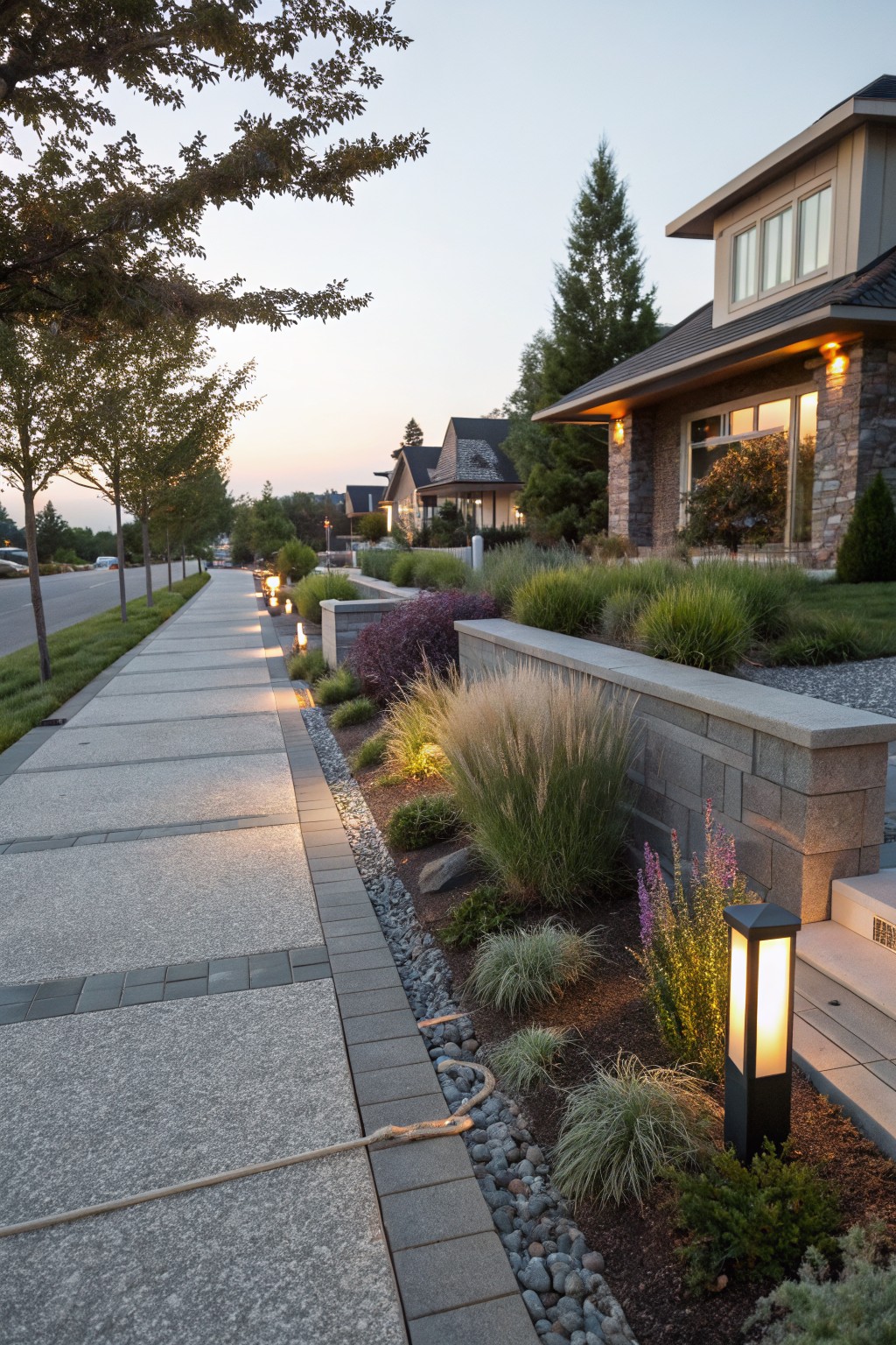 Concrete sidewalk bordered by low stone retaining walls, gravel strips, and flower beds with ornamental grasses, lavender, and shrubs next to houses at dusk with path lights.