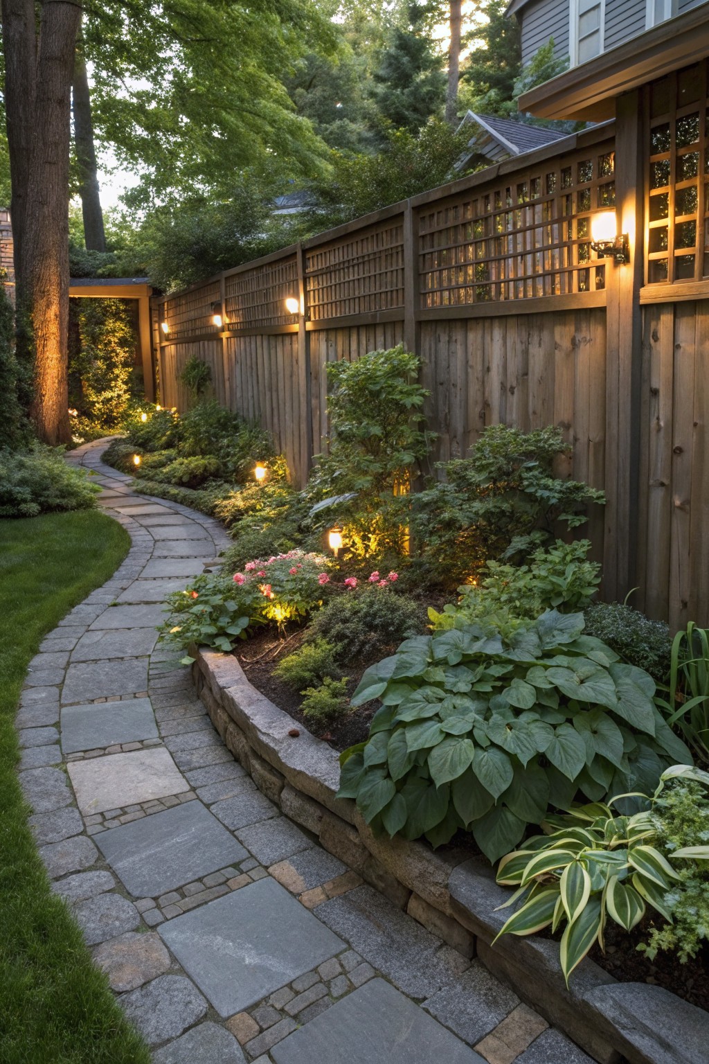 A winding gray stone paver path edged by a low dry-stacked stone retaining wall with overflowing green plants, pink flowers, and path lights in a fenced backyard garden.
