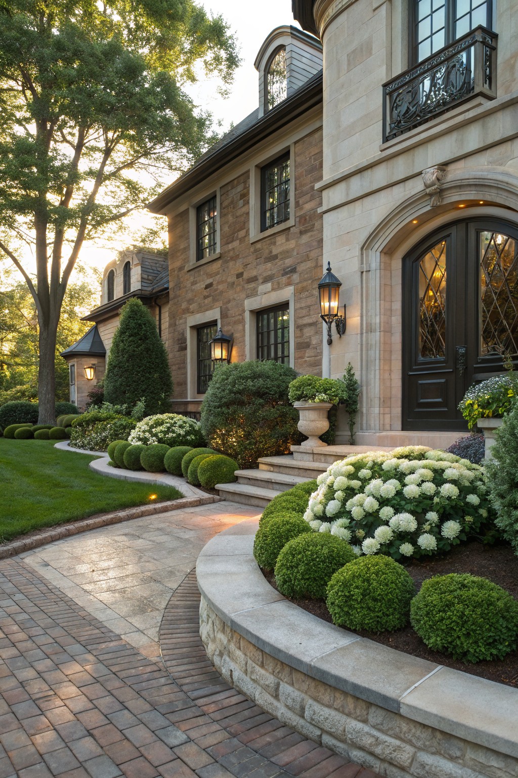 Grand stone house facade with curved brick pathway edged by low stone retaining wall and spherical boxwood shrubs in flower beds with white hydrangea blooms, leading to arched dark wood entry door with lanterns.
