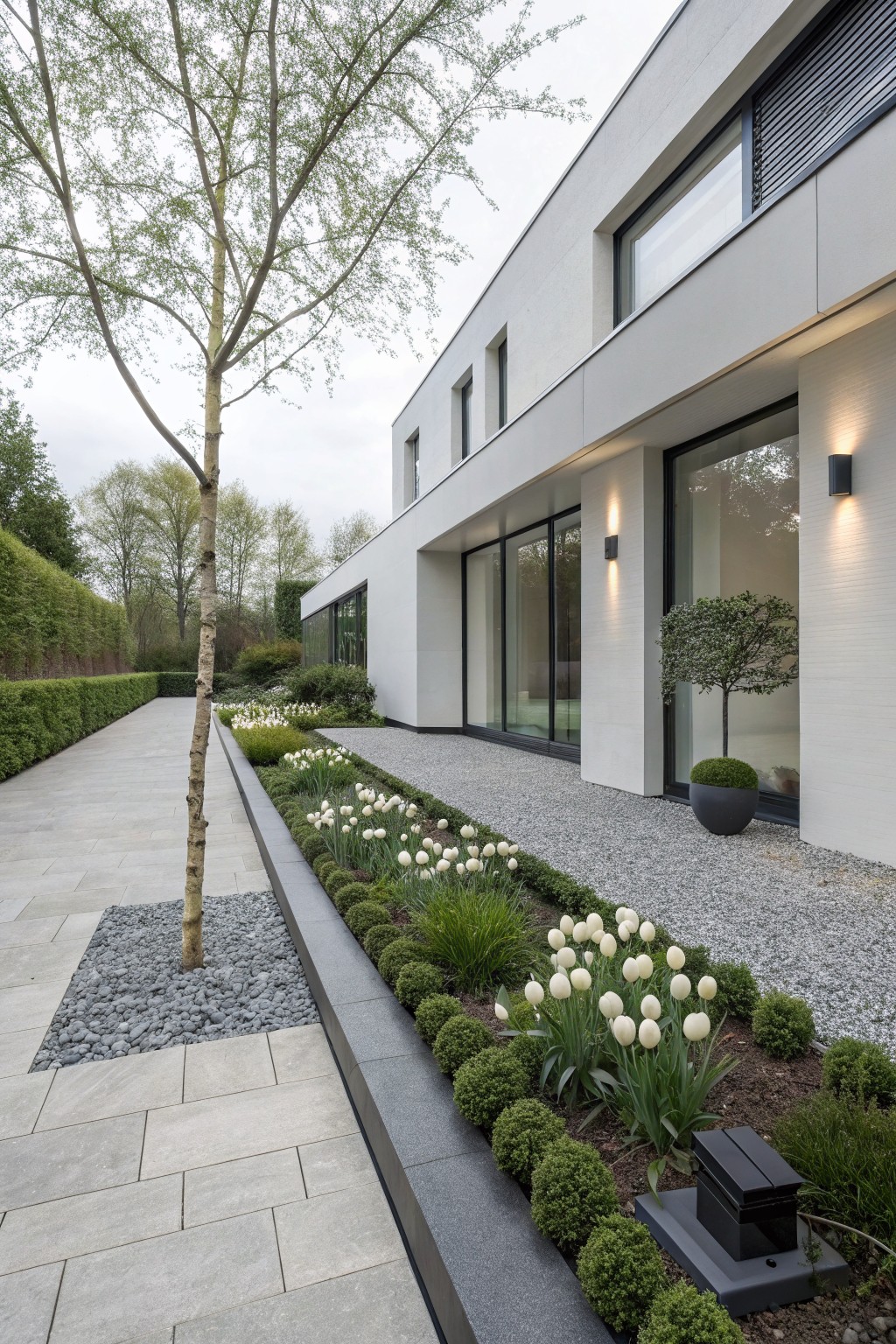 Side exterior of a modern white house with a gray stone paved path, dark stone edging bordering white tulip flower beds, gravel ground cover, boxwood shrubs, a birch tree, and wall-mounted lights.
