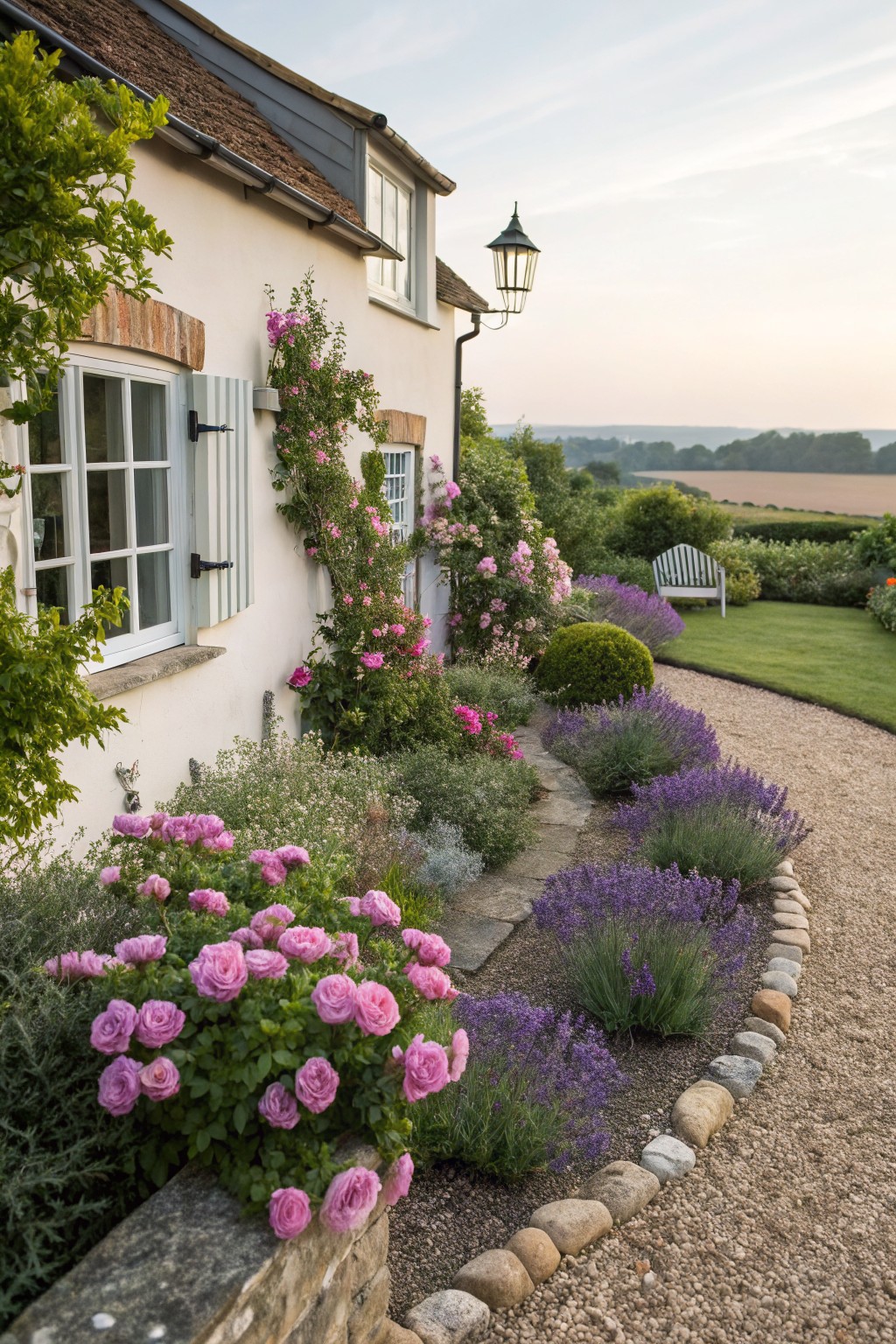 White cottage wall with climbing roses beside a gravel garden path edged in rounded stones, featuring pink rose bushes and purple lavender plants.