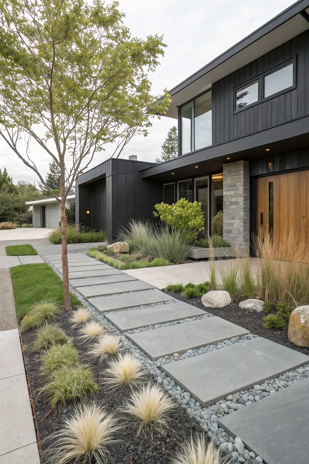 Gray rectangular stone slabs forming a pathway through gravel bordered by white ornamental grasses and large rocks, leading to a modern black house entrance.