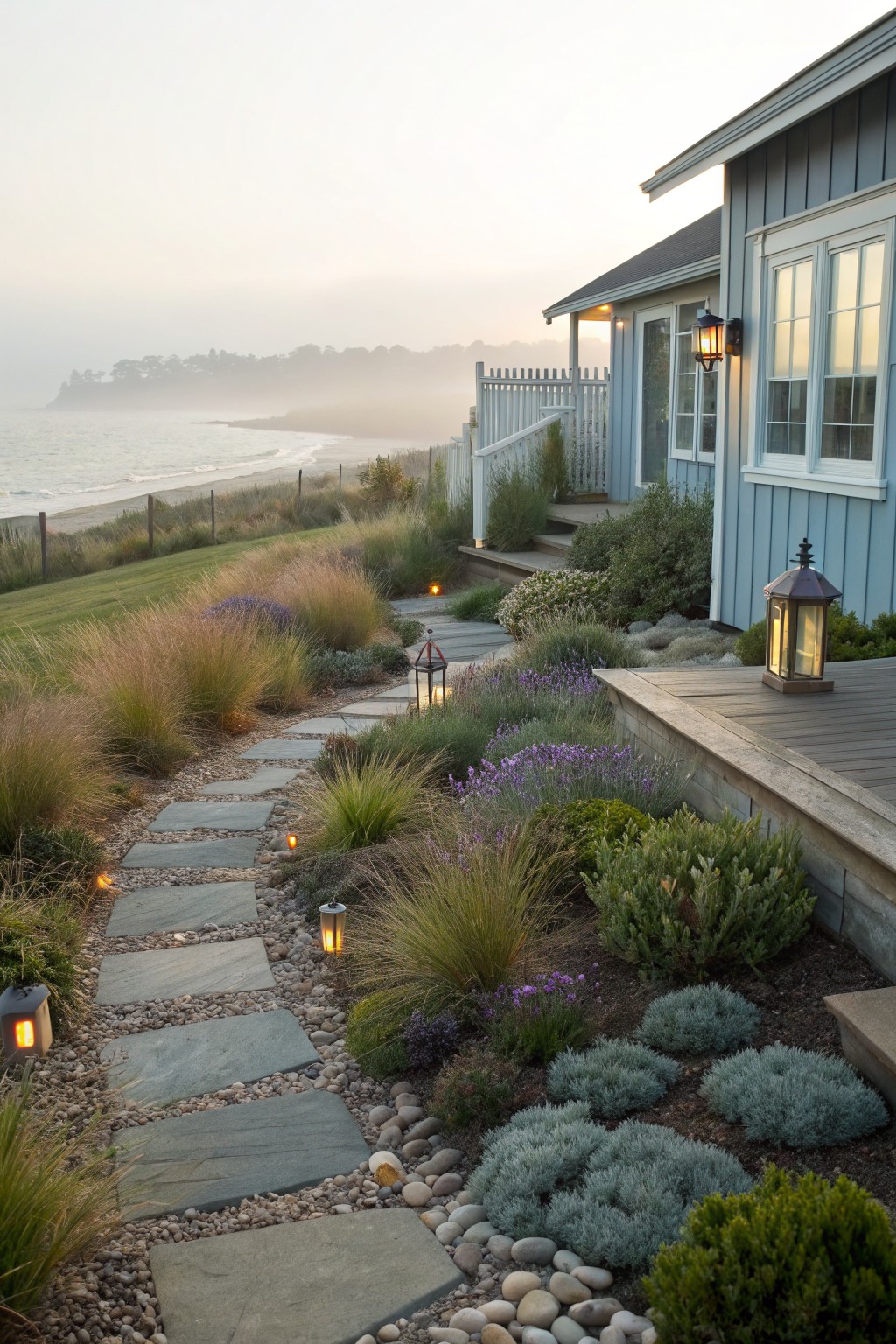 Winding garden path of irregular gray stone slabs set into gravel, bordered by ornamental grasses, lavender, succulents, and shrubs next to a blue-shingled house deck overlooking ocean dunes in morning fog.