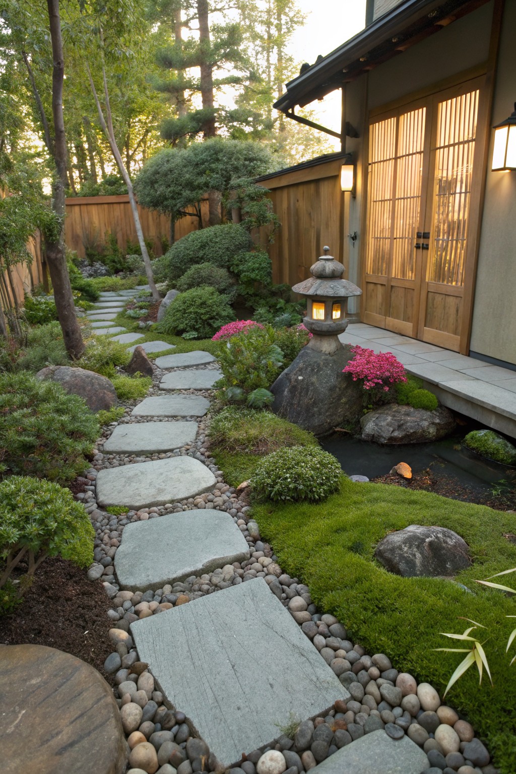 Winding garden path of irregular flat stone pavers set in pebble and gravel ground cover, bordered by rocks, shrubs, moss, pink flowers, and a stone lantern, leading to a Japanese-style house exterior with shoji doors.