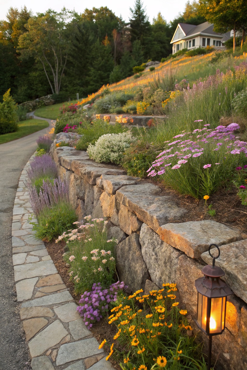 Curved flagstone driveway bordered by dry-stacked stone retaining walls topped with colorful perennials like lavender, yarrow, and daisies, with a lantern light at the end and a house on a wooded hillside in the background.