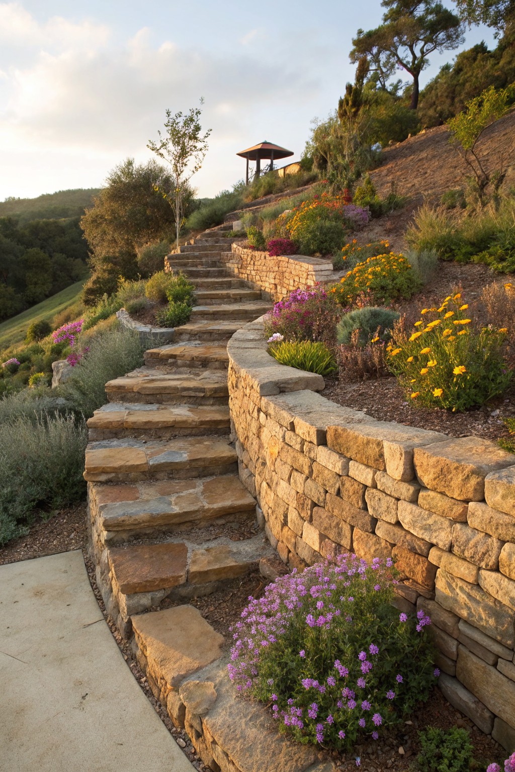 Winding irregular stone steps with matching dry-stacked stone retaining walls planted with colorful flowers, shrubs, and grasses on a hillside.