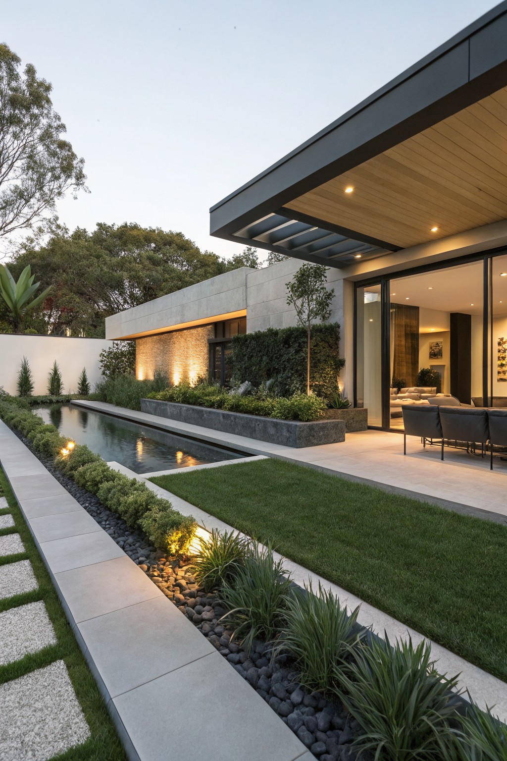 Contemporary house with concrete-edged garden beds containing pebbles and grasses along a paved path beside a narrow rectangular pool, leading to glass doors and outdoor seating on a terrace.
