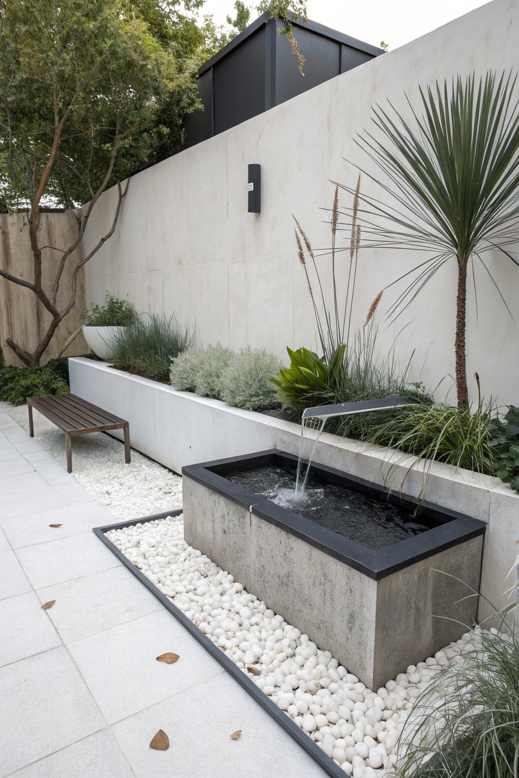 Modern courtyard garden with tall white walls, white raised planters filled with grasses and plants, a rectangular concrete water basin with black edges receiving cascading water from above, white pebbles surrounding the base, a wooden bench nearby, and palm trees.