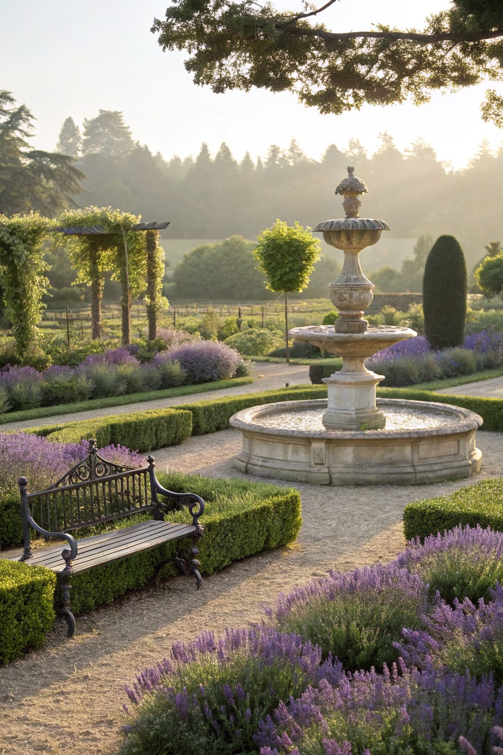 Stone fountain centered in a circular gravel path surrounded by boxwood hedges and lavender shrubs, with a wrought-iron bench nearby and trees visible in the background.