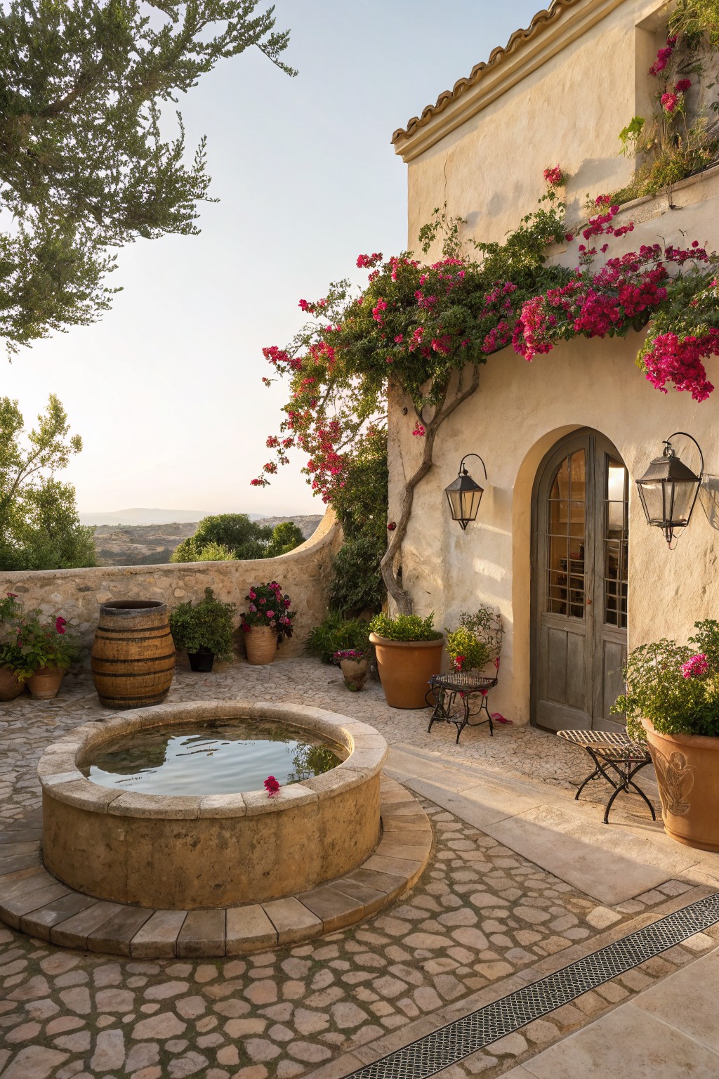 Beige stucco courtyard wall with arched wooden door, climbing pink bougainvillea, potted plants, wooden barrel, central circular stone fountain with water, small metal table and chairs on pebble floor, lanterns, and distant landscape view at sunset.